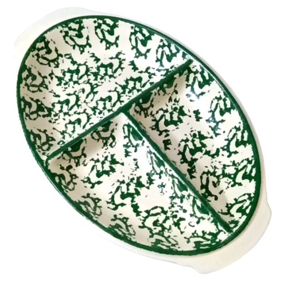 Green & White Country Kitchen 17" Divided Serving Dish, Unbranded, Spongeware?? - Picture 2 of 5